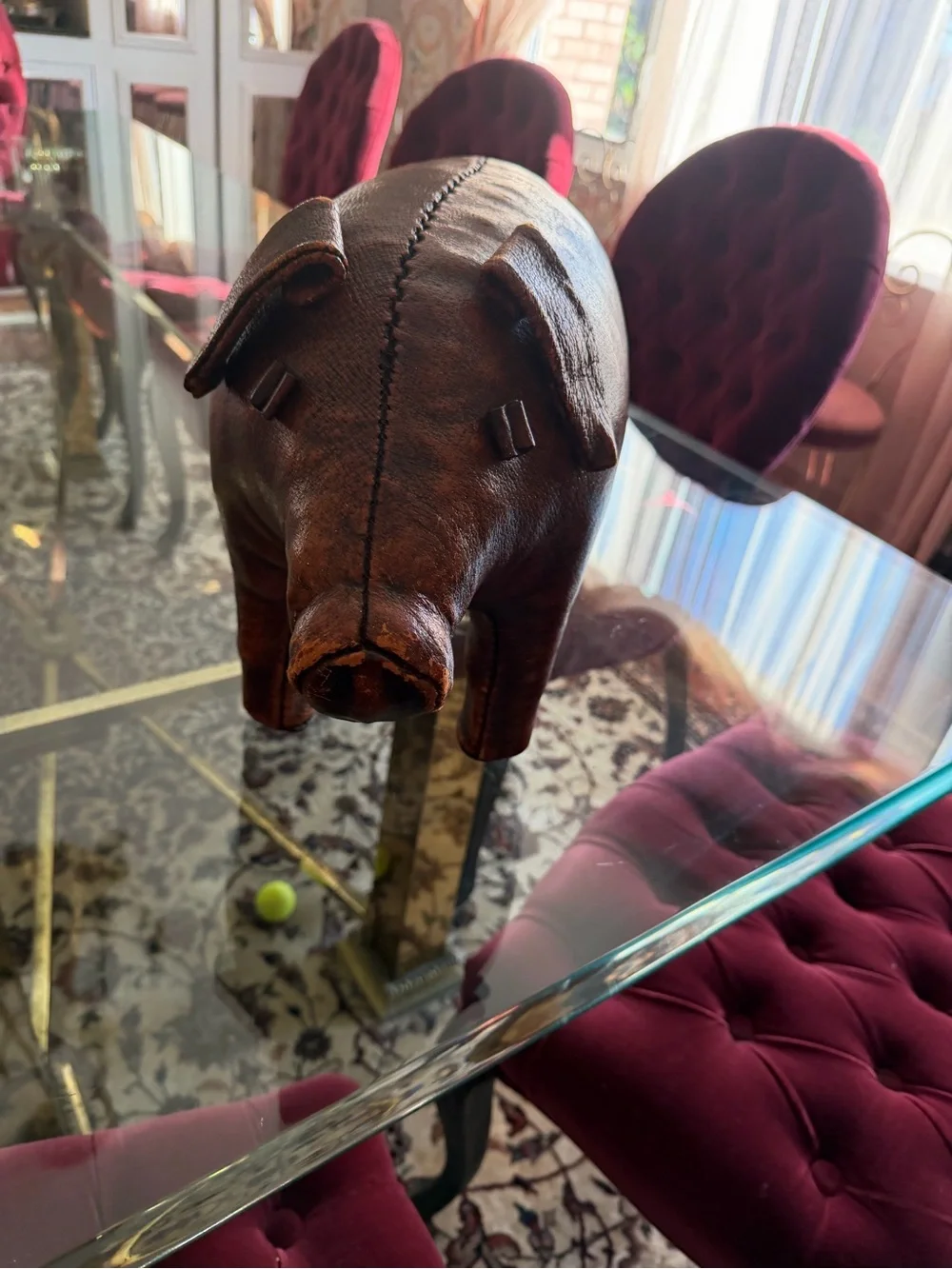 Vintage-Style Brown Leather Pig Accent - Home Dining Decor